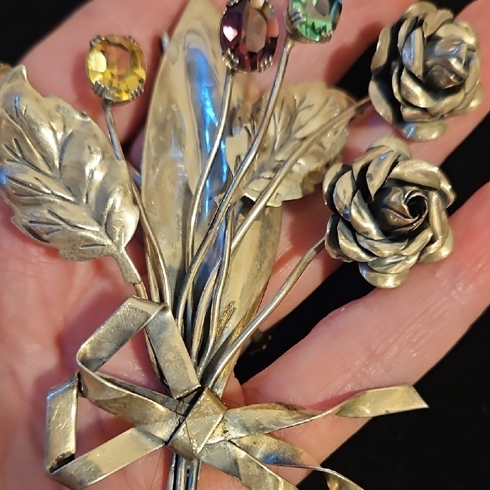 Coro Sterling Silver Brooch with Colorful Gem Accents - Picture 7 of 13
